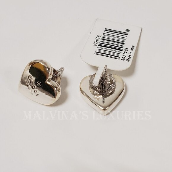 GUCCI EARRINGS STERLING SILVER HEART STUD TRADEMARK LOGO - Picture 5 of 7